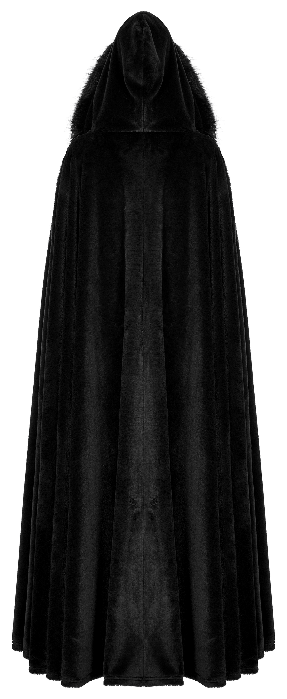 Elegant Gothic black faux fur velvet long cloak with hood, showcasing a luxurious and opulent design.