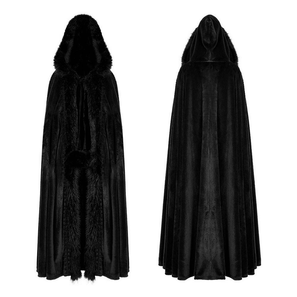 Elegant women's gothic faux fur velvet long cloak with hood, featuring ornate hairball straps and plush faux rabbit fur trim.
