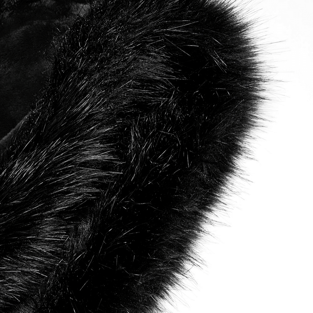 Close-up of luxurious black faux fur trim on an elegant Gothic cloak, perfect for a chic, warm look.