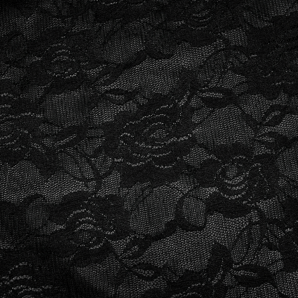 Close-up of luxurious black lace fabric with intricate rose patterns, perfect for Gothic clothing designs.