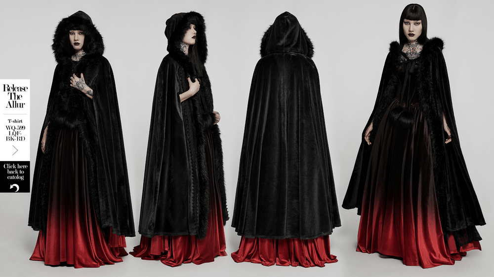 Elegant women's Gothic velvet cloak with faux fur trim, featuring ornate hairball straps and dramatic silhouette.