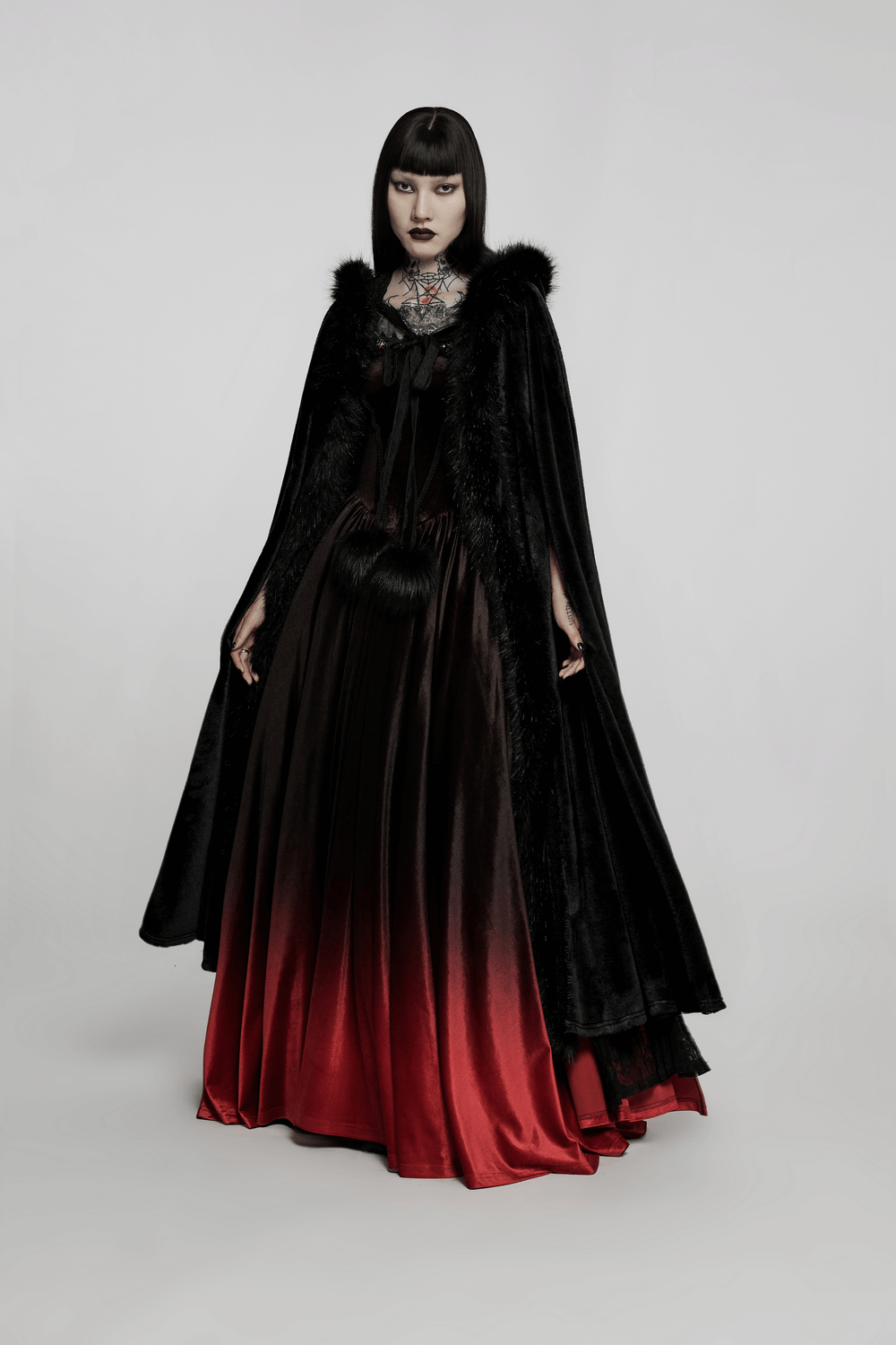 Elegant Women's Gothic Faux Fur Velvet Long Cloak - HARD'N'HEAVY