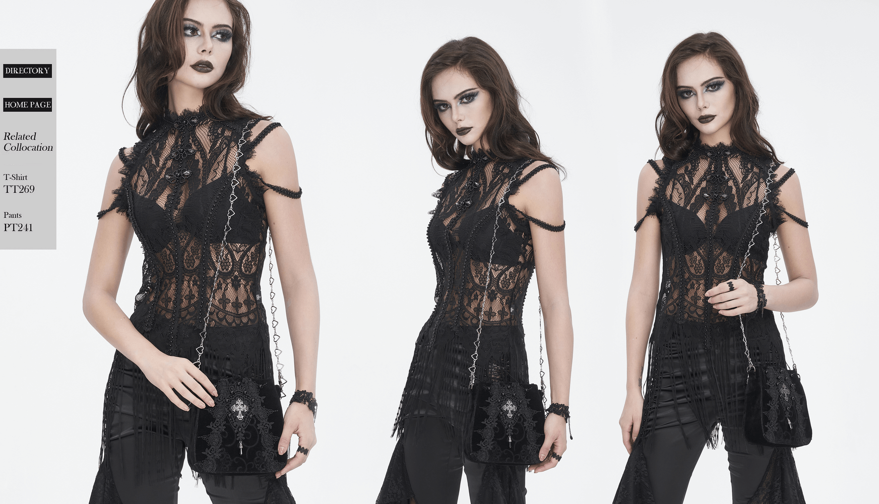 Elegant gothic outfit featuring a black lace top, stylish pants, and a chic shoulder bag with chain.