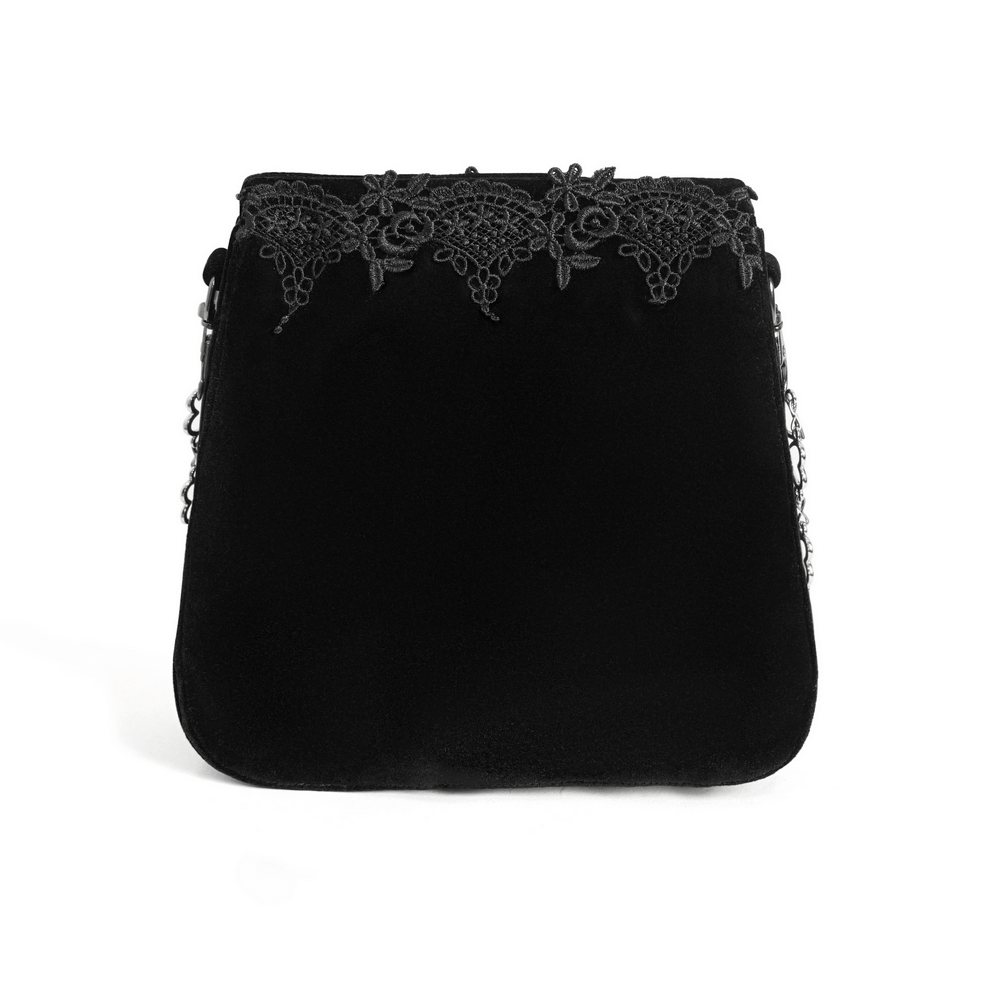Elegant black velvet shoulder bag with gothic floral embroidery and chain strap.