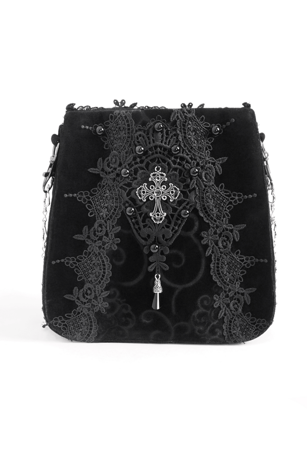 Elegant black velvet gothic shoulder bag with floral embroidery and silver cross detail, perfect for edgy style.