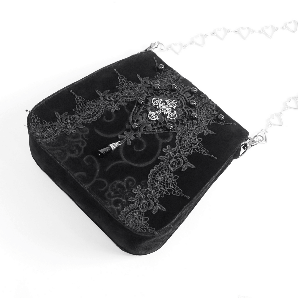 Elegant women's gothic floral embroidered black velvet shoulder bag with silver cross & stylish chain.