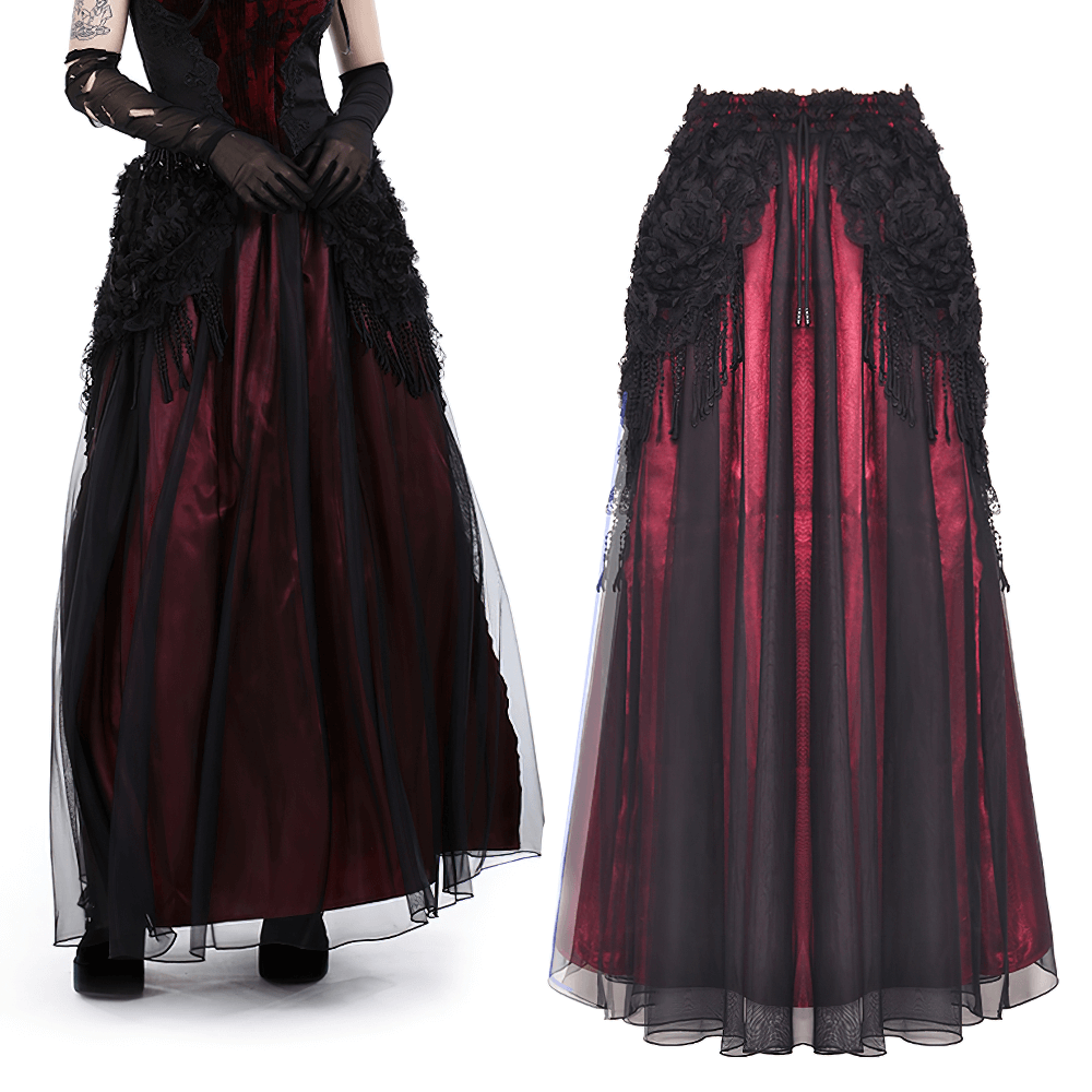 Elegant Women's Gothic Lace and Satin Long Skirt