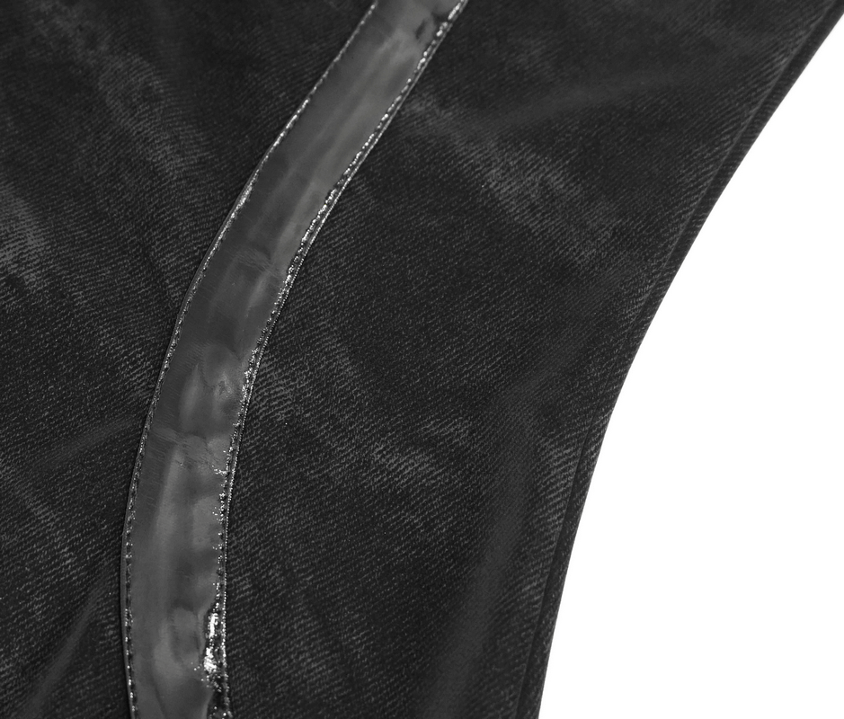 Close-up detail of stylish leather strap on elegant black gothic dress, showcasing quality and texture.