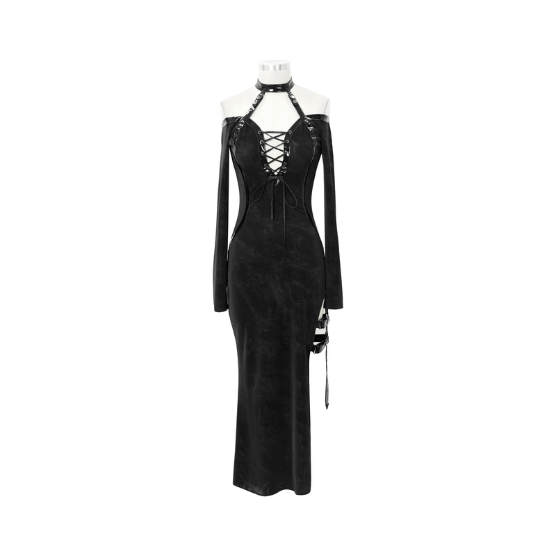Elegant black off-shoulder gothic dress with leather straps and high slit, perfect for chic and luxurious outfits.