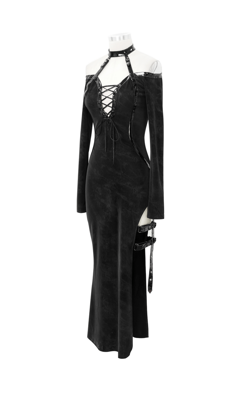 Elegant black gothic dress featuring high slit, off-shoulder design, and leather straps for a chic look.