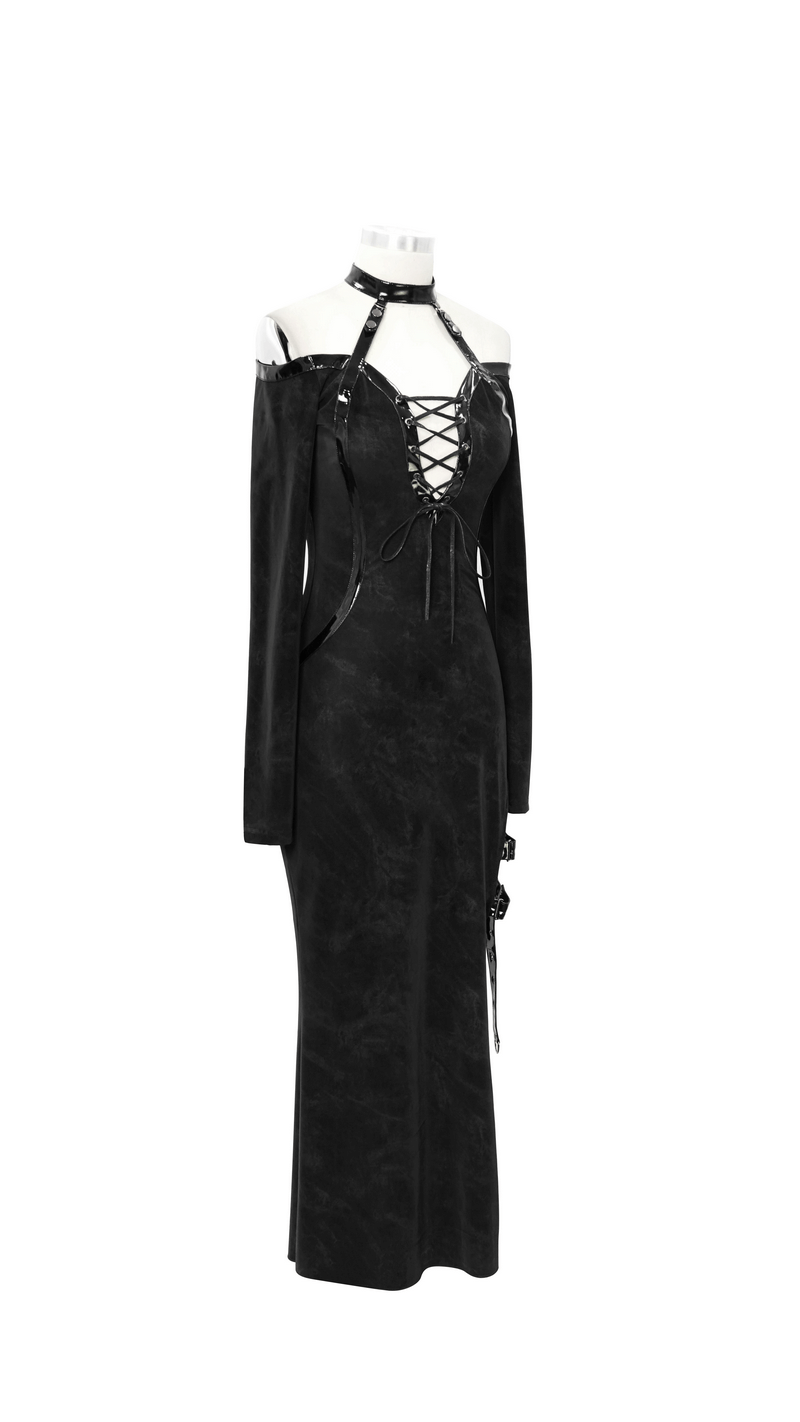 Elegant black gothic off-shoulder long dress with leather straps and high slit, perfect for a captivating look.