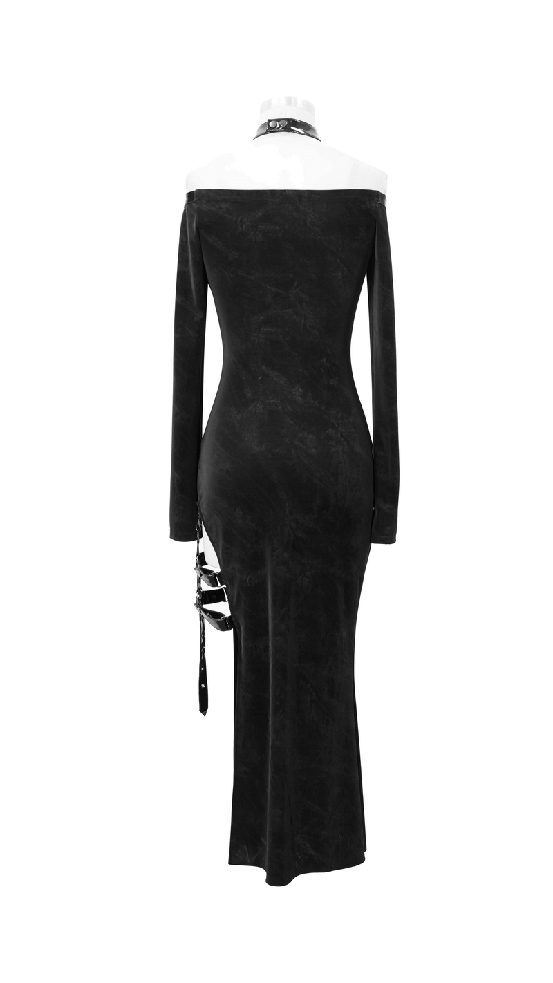 Elegant black gothic off-shoulder long dress featuring a high slit and stylish leather straps.