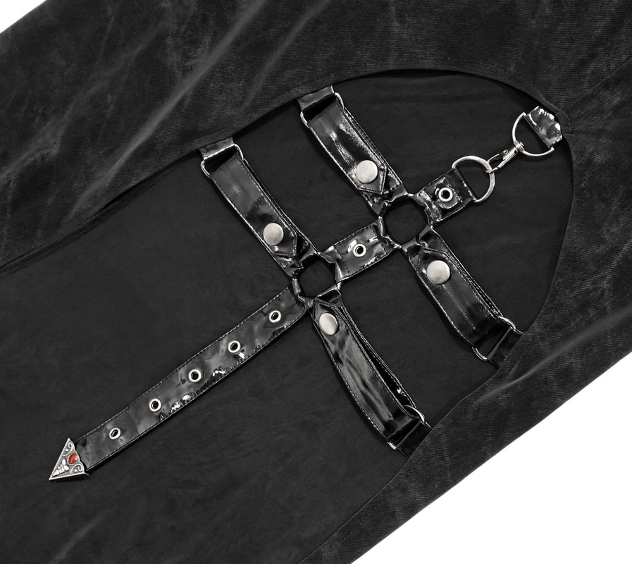 Close-up of leather straps with metal details on a black gothic dress, showcasing its elegant and edgy design.