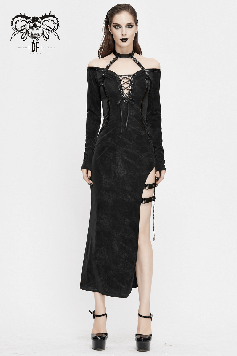 Elegant gothic women's high slit long dress with leather straps in black, off-shoulder style, showcasing a trendy cut.