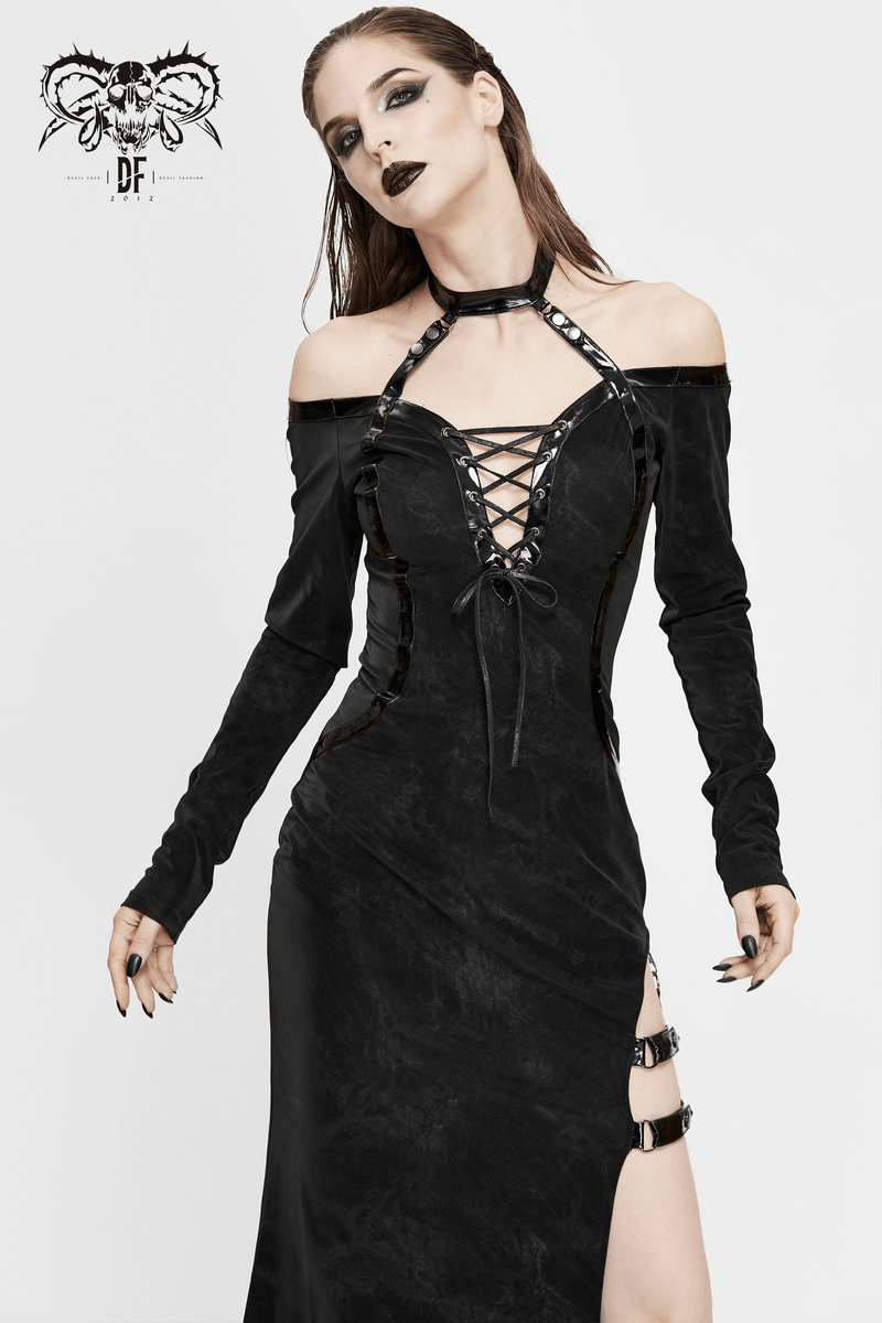 Elegant gothic women's off-shoulder black dress with leather straps and high slit, perfect for stylish occasions.