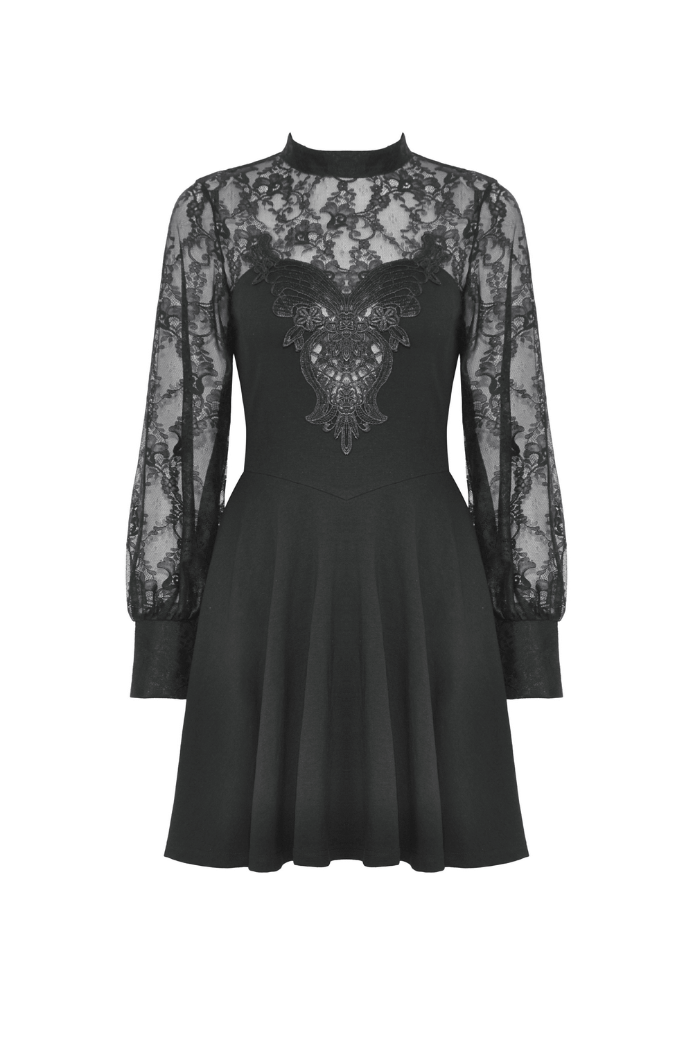 Elegant black lace dress with floral embroidery and A-line silhouette, perfect for evening events.