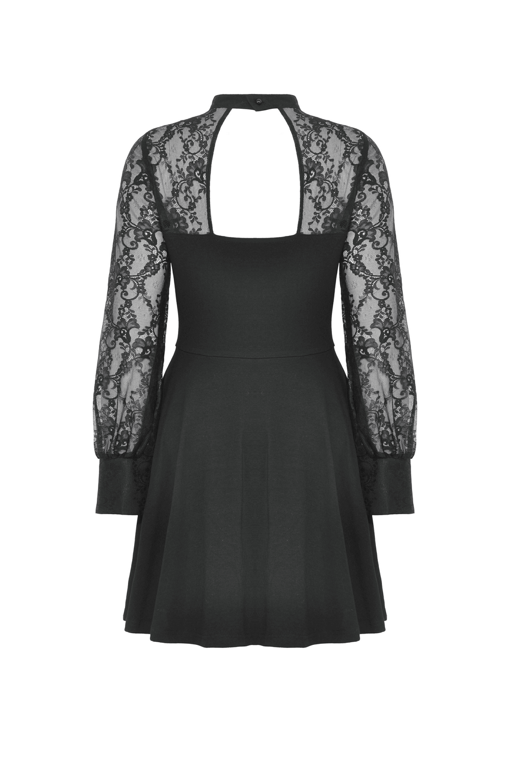 Elegant black lace dress with floral detail, featuring A-line silhouette and long lace sleeves for chic evening style.
