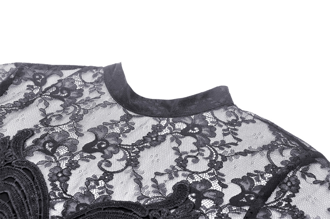 Elegant women's black lace dress neckline with intricate floral embroidery detail.