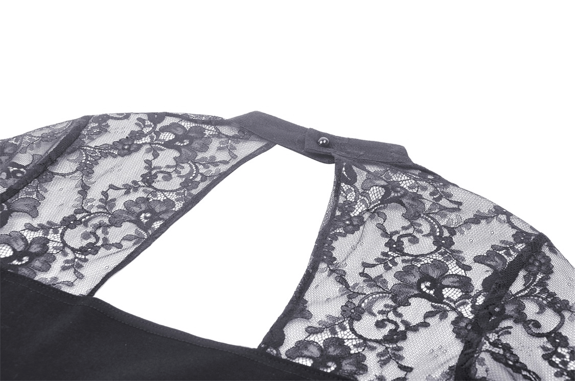 Chic black lace dress back detail with intricate embroidery and elegant keyhole design.