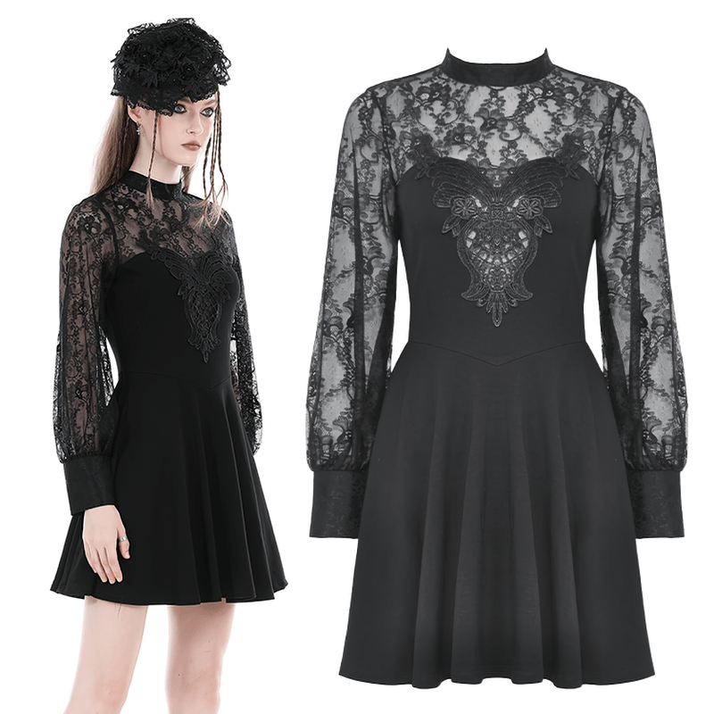 Elegant women's black lace dress with floral embroidery and long sleeves, perfect for evening events.