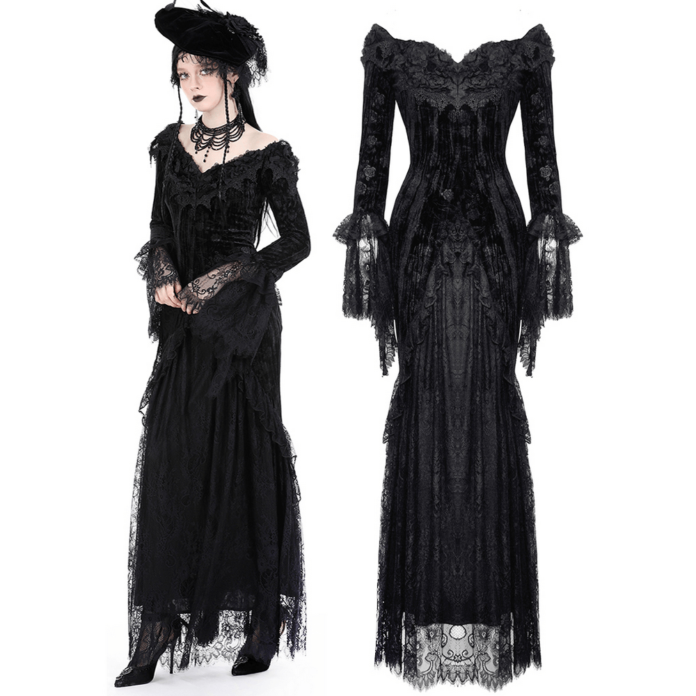 Elegant women's lace off-shoulder Victorian long dress with gothic velvet and lace details.