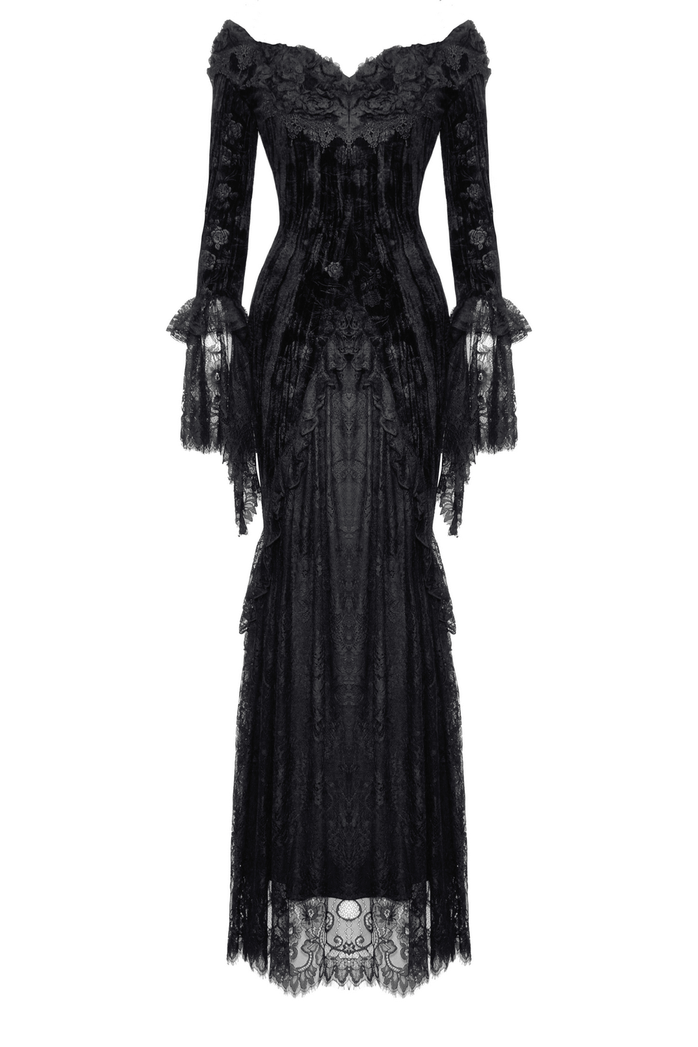 Elegant Victorian black lace off-shoulder dress with long sleeves and fitted bodice, perfect for gothic fashion.