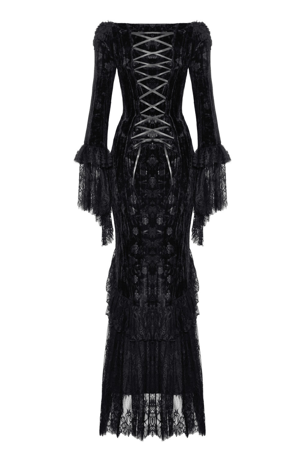 Elegant off-shoulder Victorian long dress with lace details and dramatic velvet fabric.
