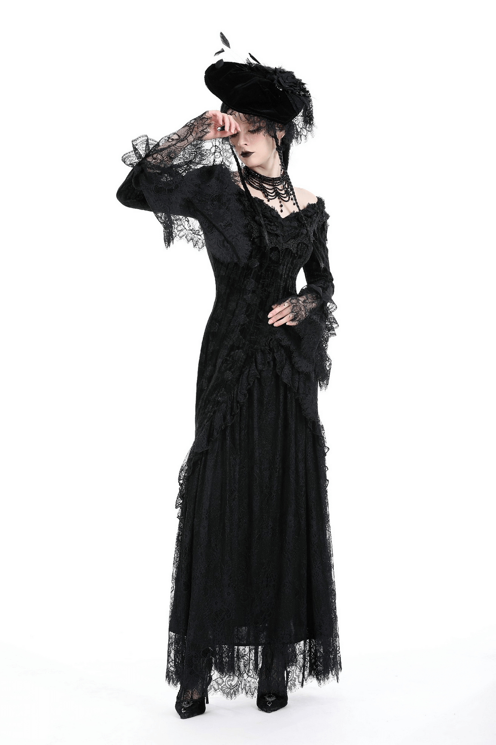 Elegant off-shoulder Victorian gothic dress with lace details and long sleeves, perfect for special occasions.