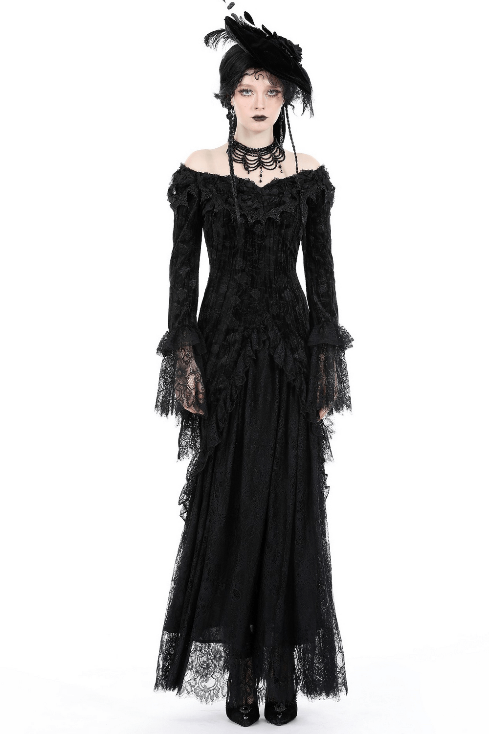 Elegant Victorian lace off-shoulder black dress with long sleeves and lace trim, perfect for gothic style.