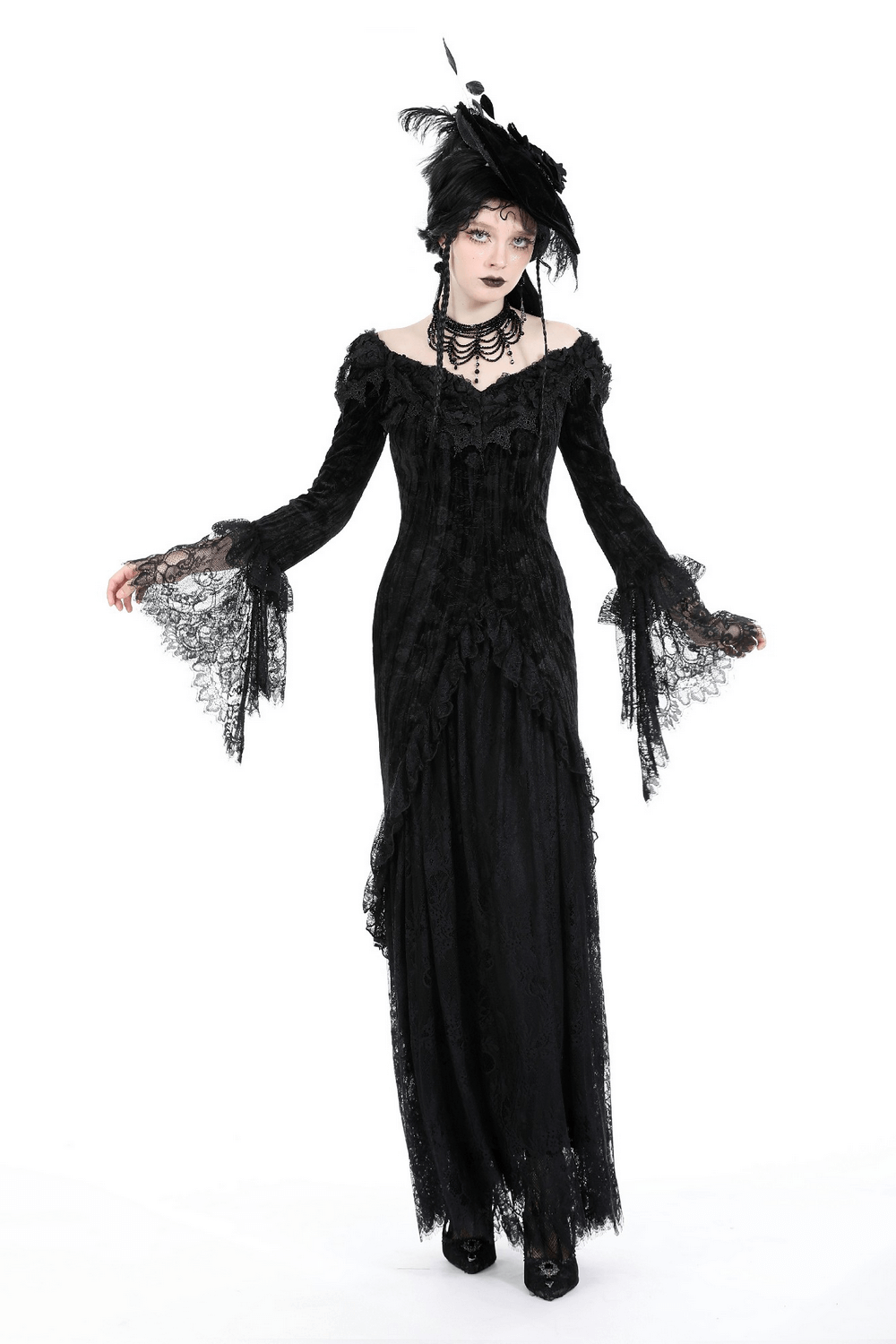 Elegant Victorian lace off-shoulder black dress featuring long sleeves and dramatic details, perfect for gothic style.