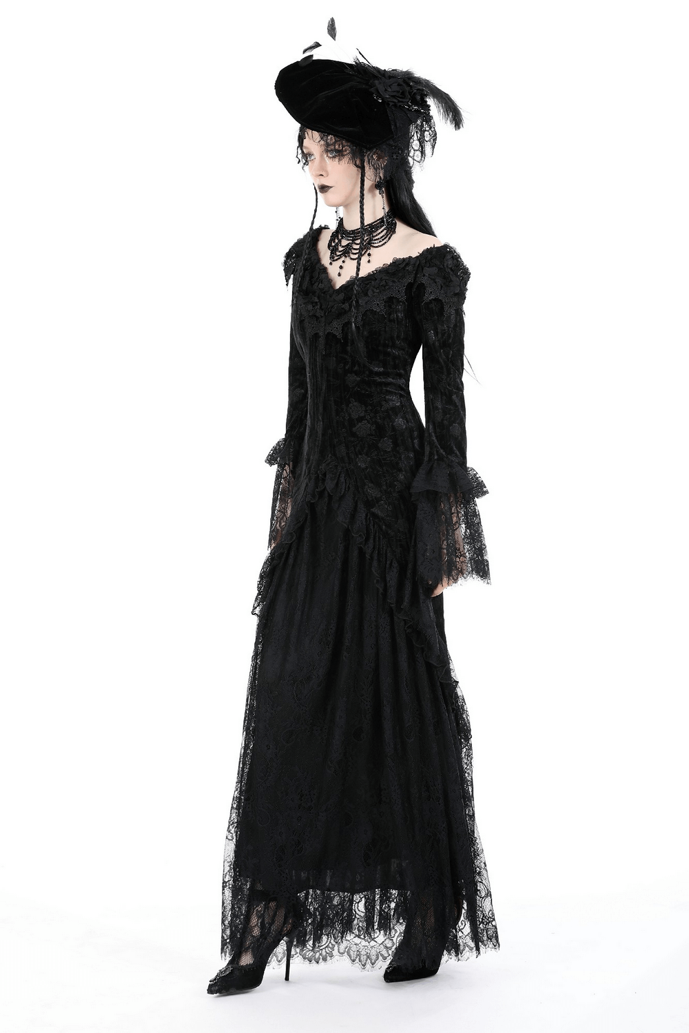 Elegant black Victorian long dress with off-shoulder lace details and dramatic long sleeves.