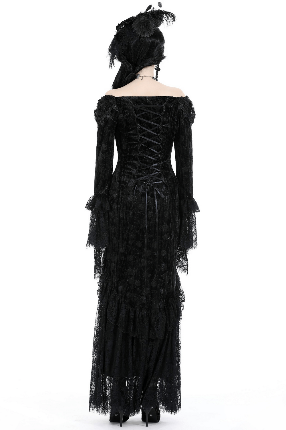 Back view of an elegant women's off-shoulder Victorian gothic dress with lace details and velvet fabric.