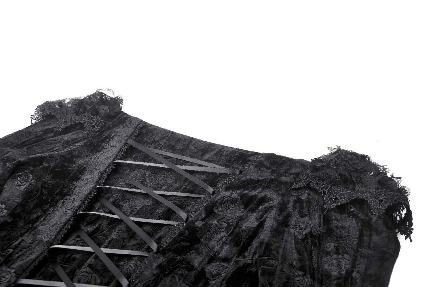 Detail of a long-sleeved black velvet dress with lace trim and ribbon lacing, perfect for gothic Victorian style.