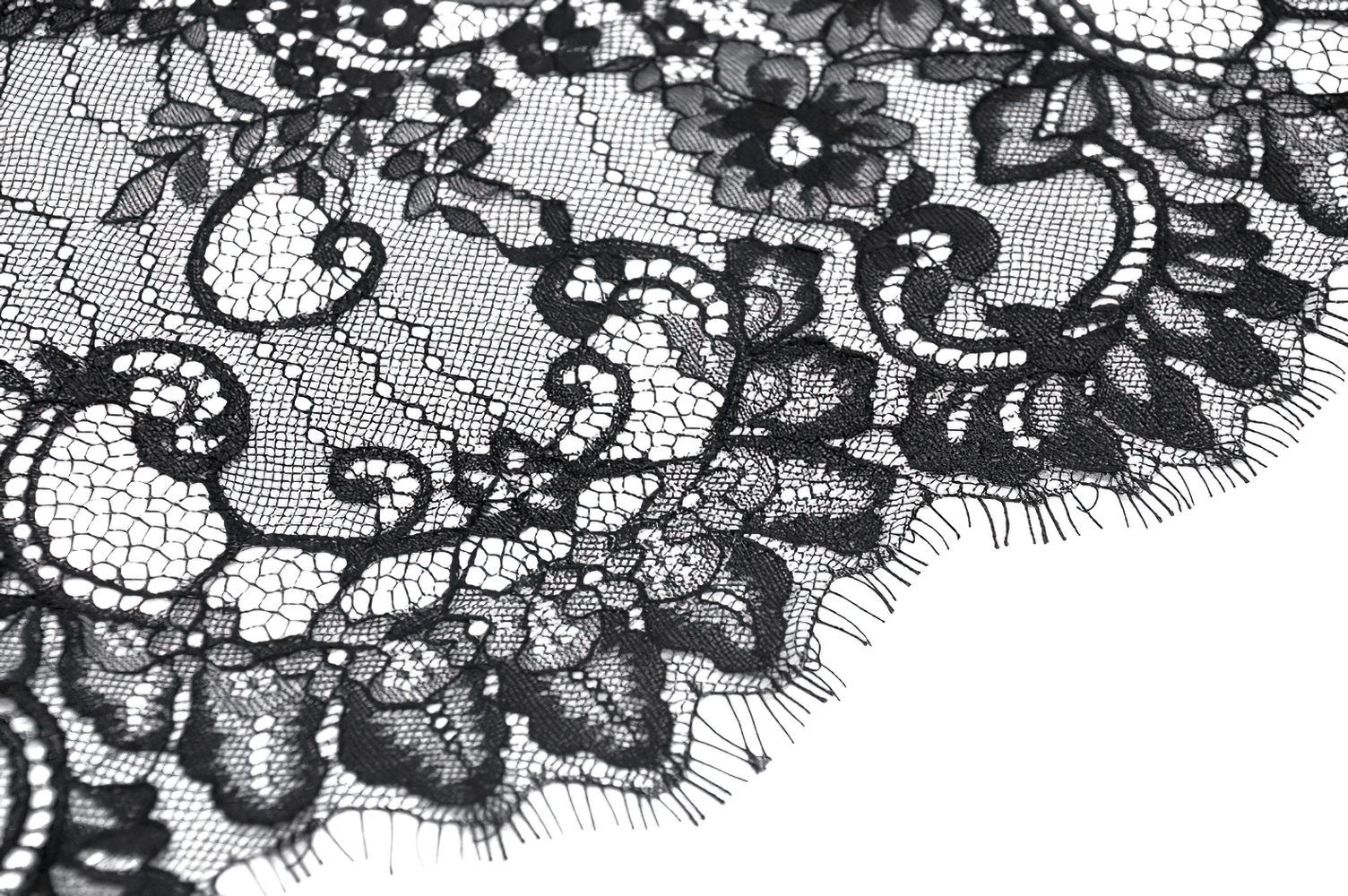 Close-up of intricate black lace pattern featuring floral designs, perfect for elegant garments and gothic fashion.