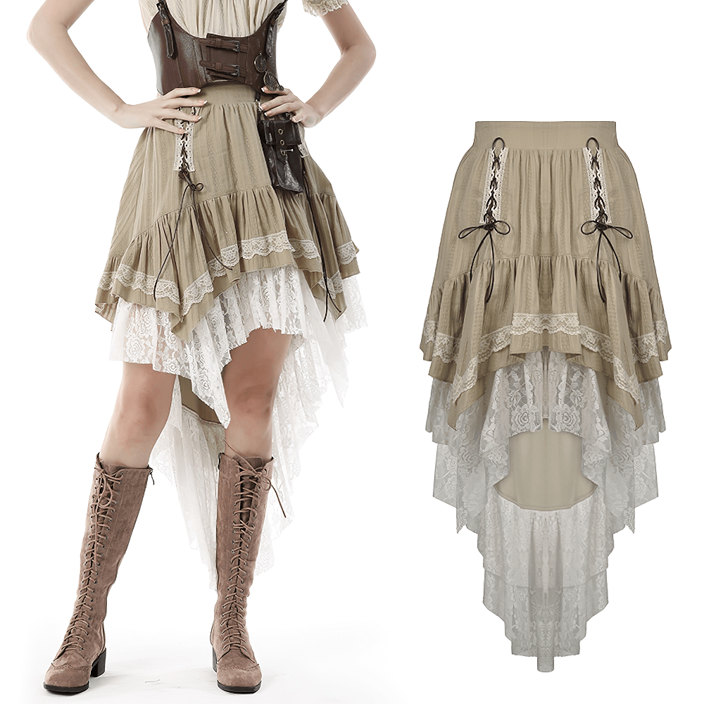 Chic beige layered skirt with lace detail, ruffled design for women's fashion, perfect for stylish outfits.