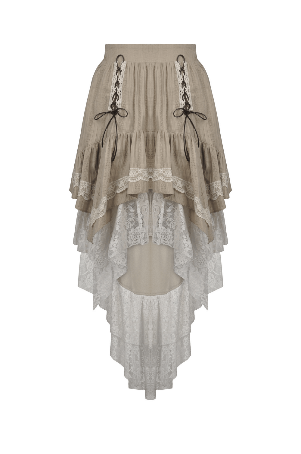 Elegant beige layered skirt with lace detail and chic ruffles for women's fashion.