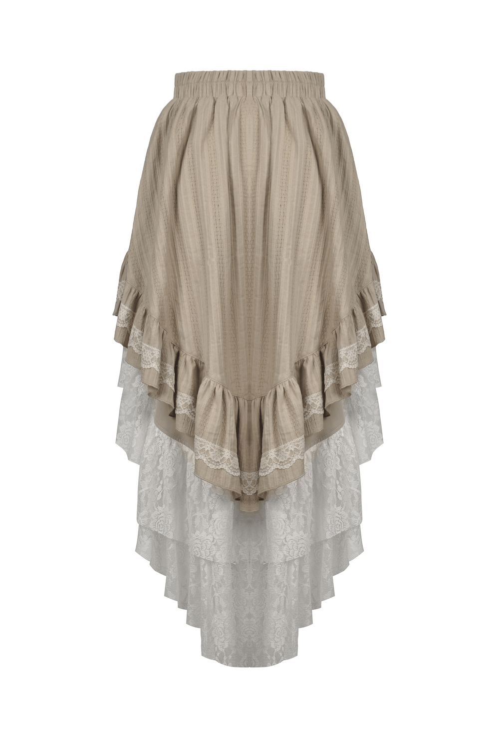 Elegant beige layered skirt featuring lace details and ruffles, perfect for chic women's fashion ensembles.