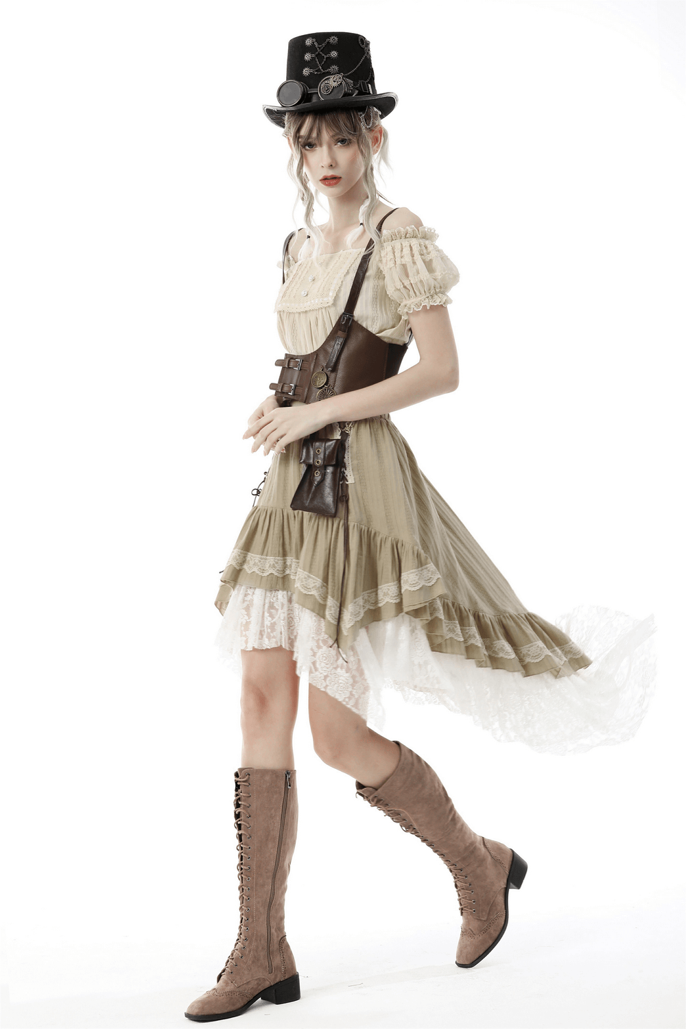 Elegant woman in a layered beige skirt with lace, wearing a top hat and boots, showcasing chic steampunk fashion.