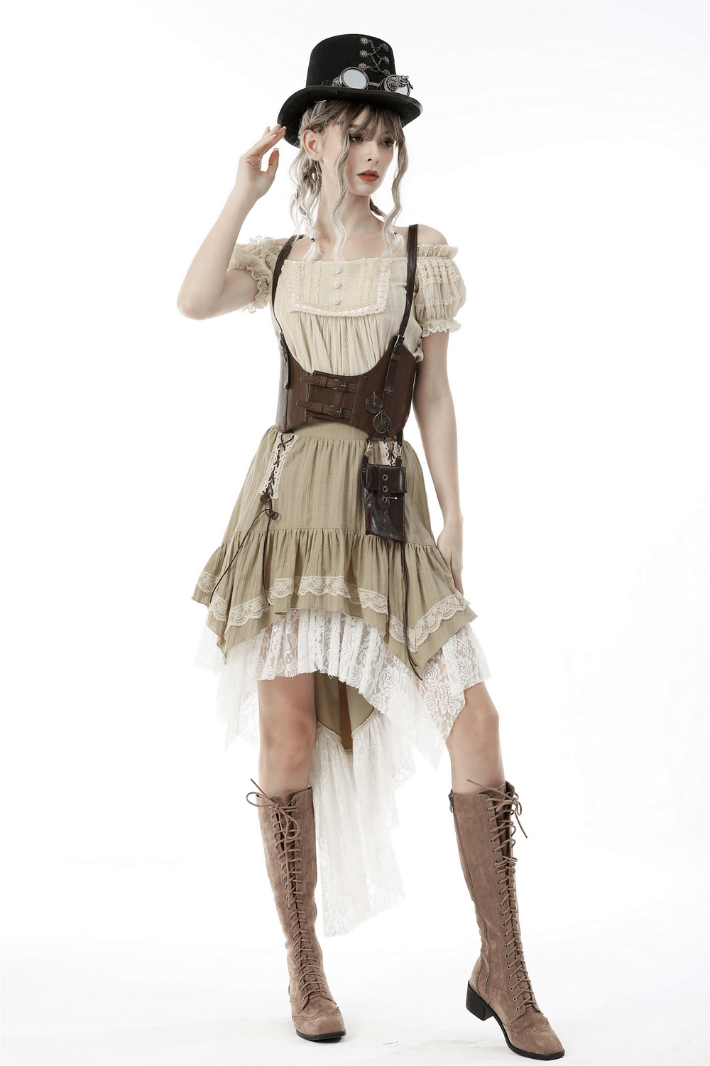 Elegant woman in layered beige skirt with lace and steampunk hat, showcasing a chic fashion statement.