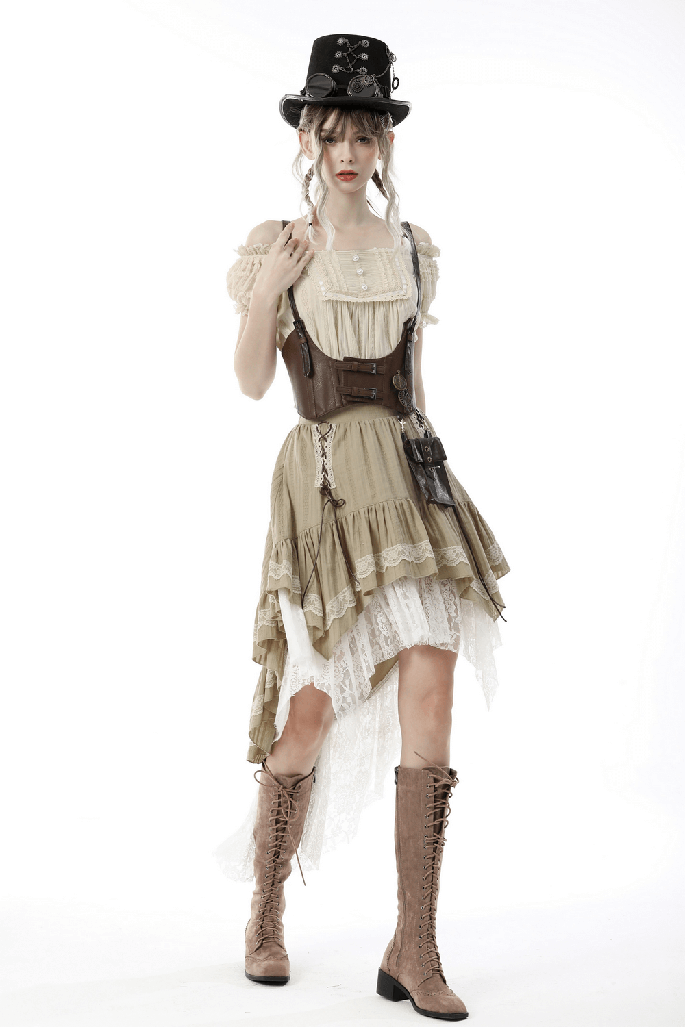 Elegant woman in layered beige skirt with lace and steampunk accessories, showcasing chic fashion style.