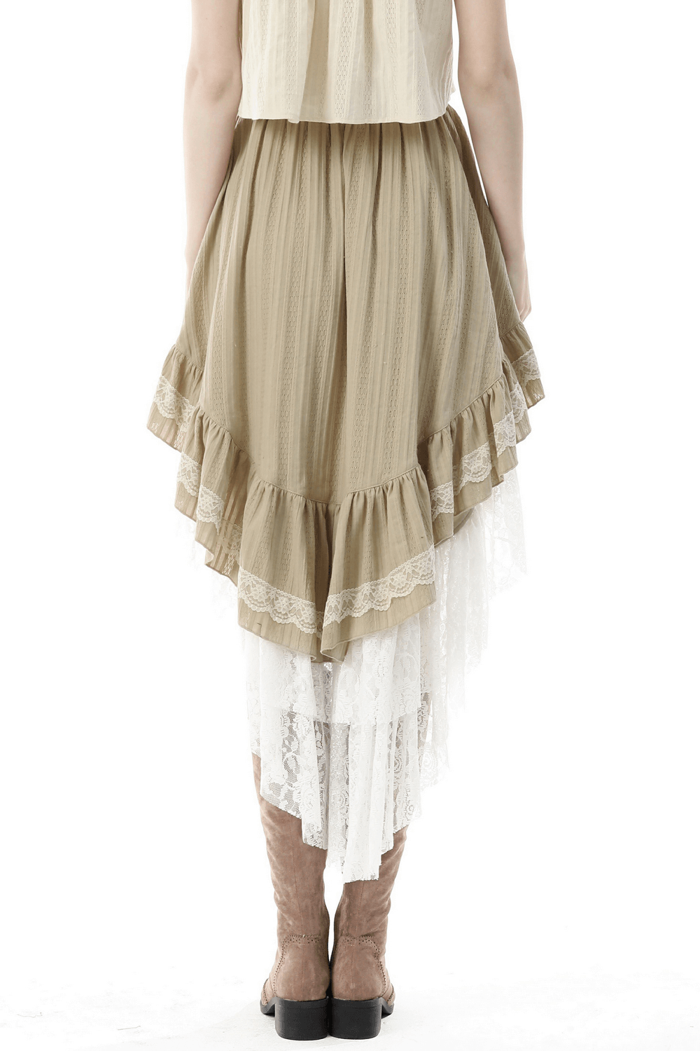 Back view of a stylish beige layered skirt with lace ruffles, perfect for chic women's fashion outfits.