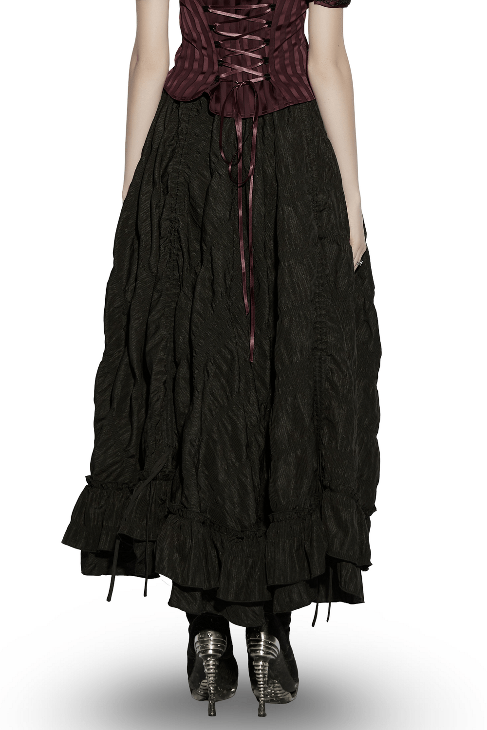 Alt Tag: Elegant Women's Ruched Maxi Skirt with Layered Hem black goth pleated skirt with ruffled layered hem and drawstring ruching