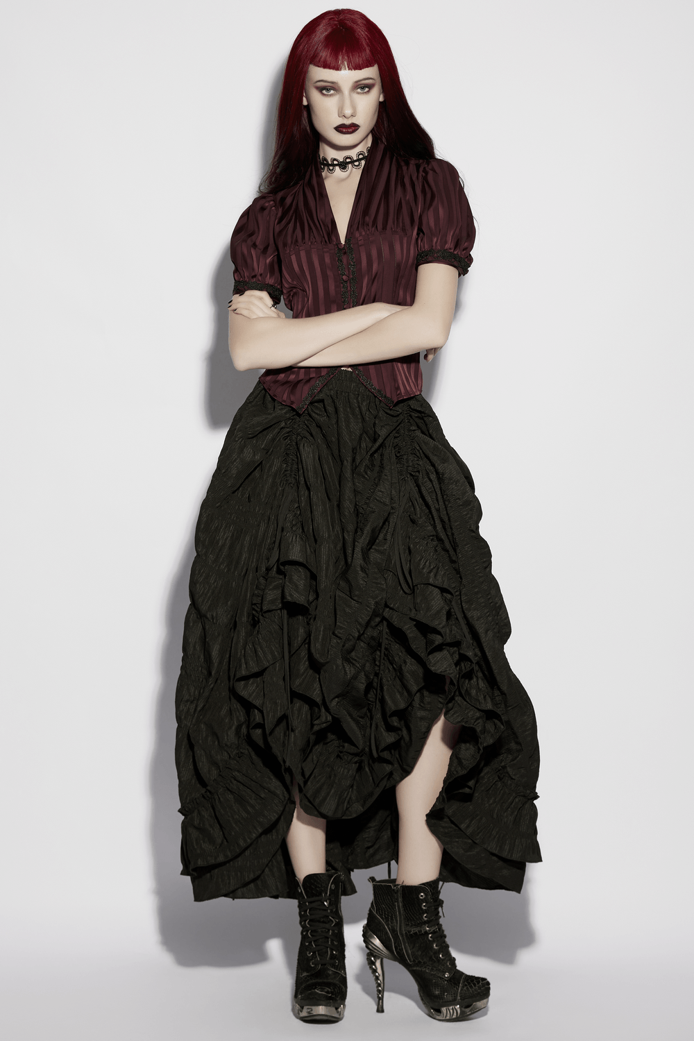 Alt Tag: Elegant Women's Ruched Maxi Skirt with Layered Hem on gothic model, layered black ruffled hem maxi skirt with corset top and boots