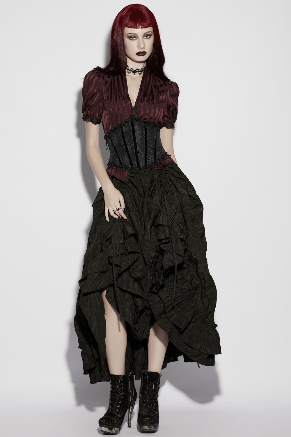 Alt Tag: Elegant Women's Ruched Maxi Skirt with Layered Hem gothic pleated retro maxi skirt with layered hem and drawstring ruching