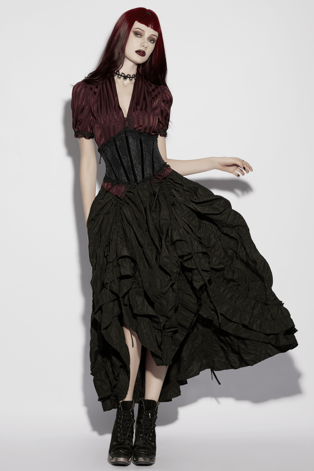 Alt Tag: Elegant Women's Ruched Maxi Skirt with Layered Hem goth pleated layered ruffle hem maxi skirt outfit on model