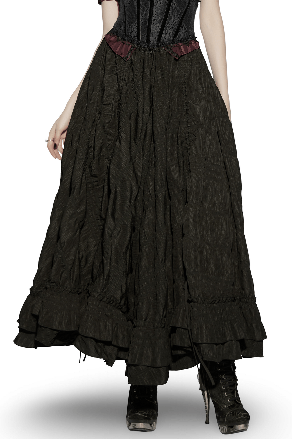 Alt Tag: Elegant Women's Ruched Maxi Skirt with Layered Hem black goth pleated maxi skirt with layered ruffle hem and corset-style waist