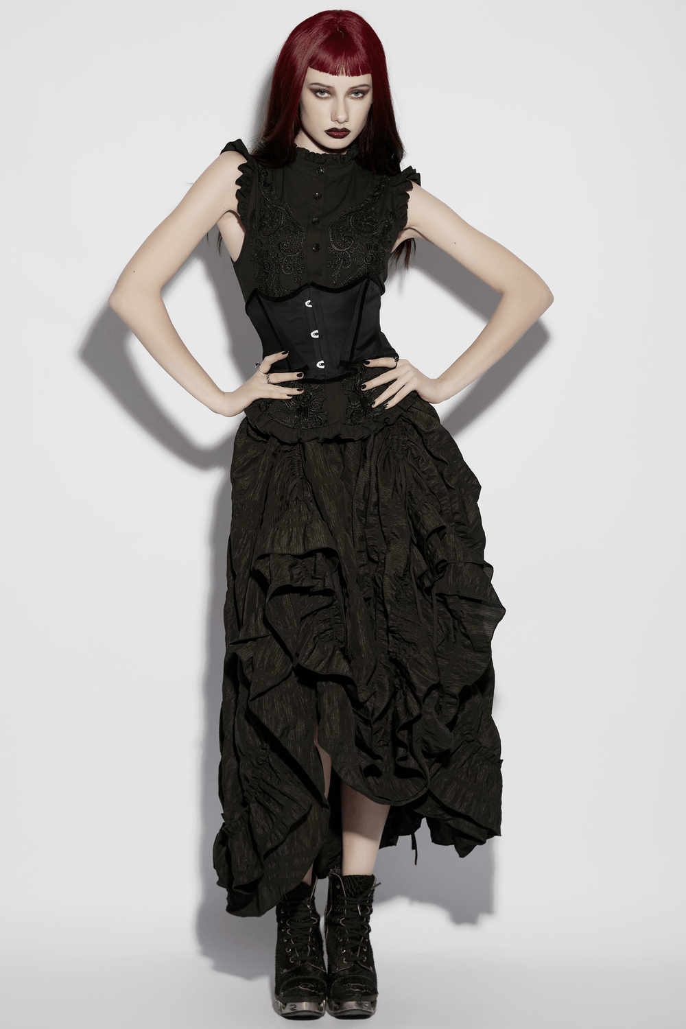 Alt Tag: Elegant Women's Ruched Maxi Skirt with Layered Hem in black gothic pleated ruffled drawstring style with layered hem on model