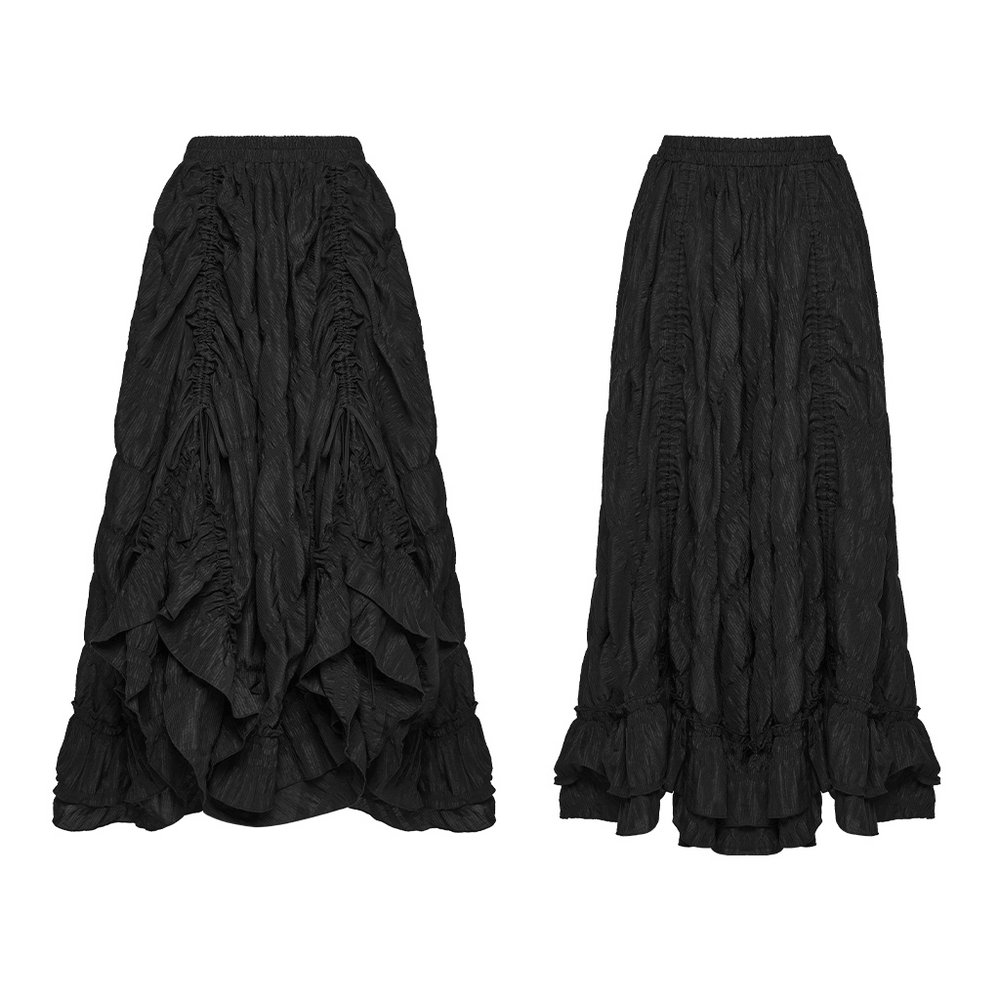 Alt Tag: Elegant Women's Ruched Maxi Skirt with Layered Hem in black, gothic pleated drawstring ruffles, layered hem, front and back view