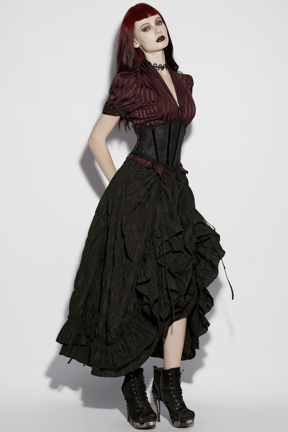 Alt Tag: Elegant Women's Ruched Maxi Skirt with Layered Hem in gothic pleated style with drawstring ruffles, layered hem and corset look