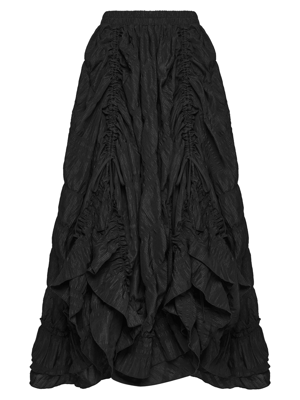 Alt Tag: Elegant Women's Ruched Maxi Skirt with Layered Hem black gothic pleated skirt with drawstring ruching and layered ruffle hem